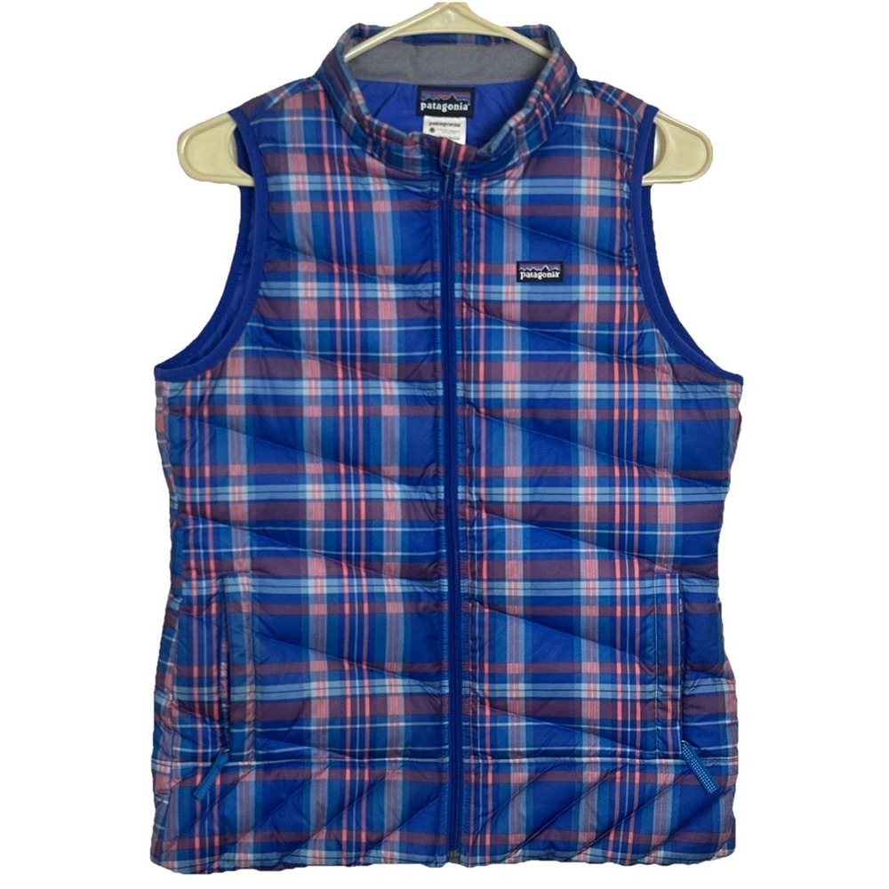 Patagonia Goose Down‎ Blue Plaid Puffer Vest Girls Size XL (14)